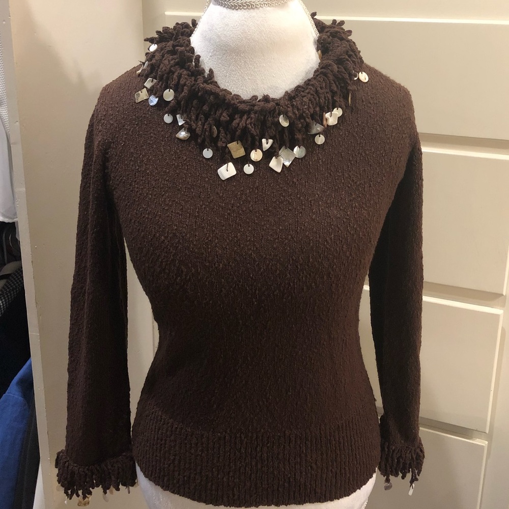 Brown 3/4 length sweater with shell embellishments